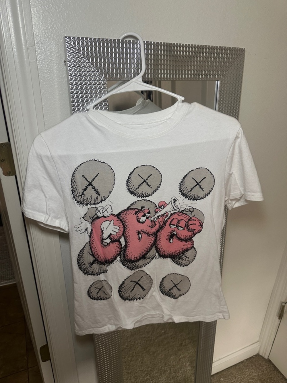 White Kids Graphic Tee with Pink Cartoon Design